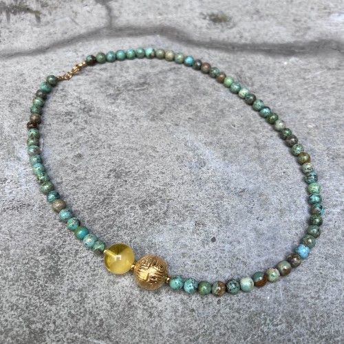 Naszyjnik z bursztynem turkusem i srebrem pozłacanym 4409