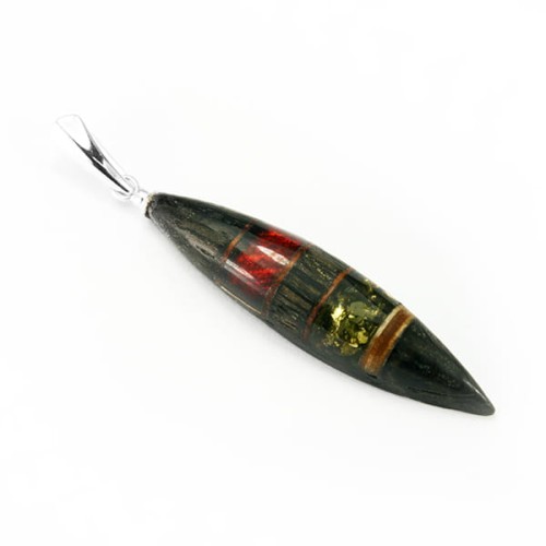 Wisiorek podłużny spławik z bursztynem, srebrem i czarnym dębem 4093