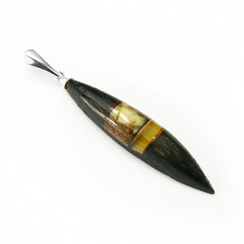 Wisiorek długi z bursztynem bałtyckim, srebrem i czarnym dębem 4097
