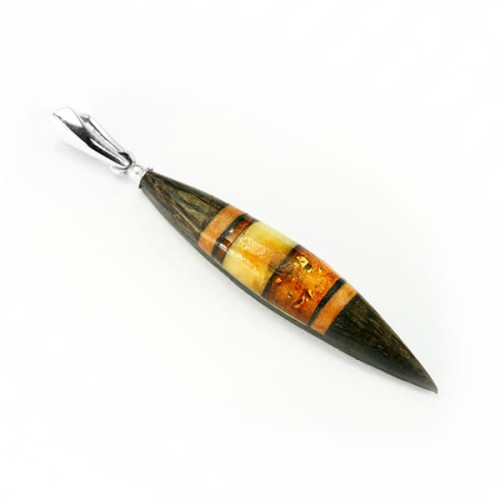 Wisiorek spławik kolorowy z bursztynem, srebrem i czarnym dębem 4109