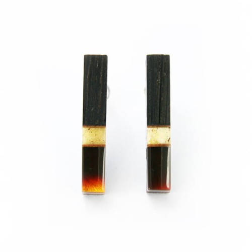 Kolczyki na sztyft prostokątne srebrne z bursztynem i czarnym dębem
