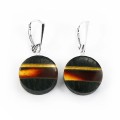 Kolczyki wiszące okrągłe z bursztynem, czarnym dębem i srebrem 5436
