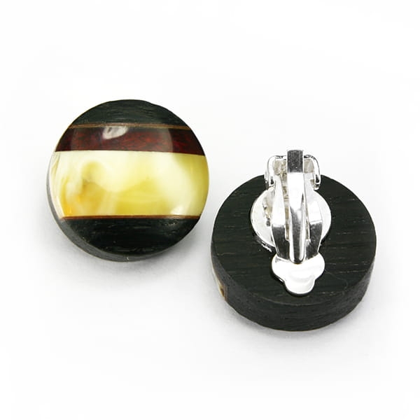 Klipsy okrągłe Galeria Bursztyn Tadeusz Dobkowski czarny dąb srebro złoto płatkowe amber wood silver 4047.jpg