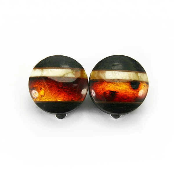 Klipsy okrągłe Galeria Bursztyn Tadeusz Dobkowski czarny dąb srebro złoto płatkowe amber wood silver 4051.jpg