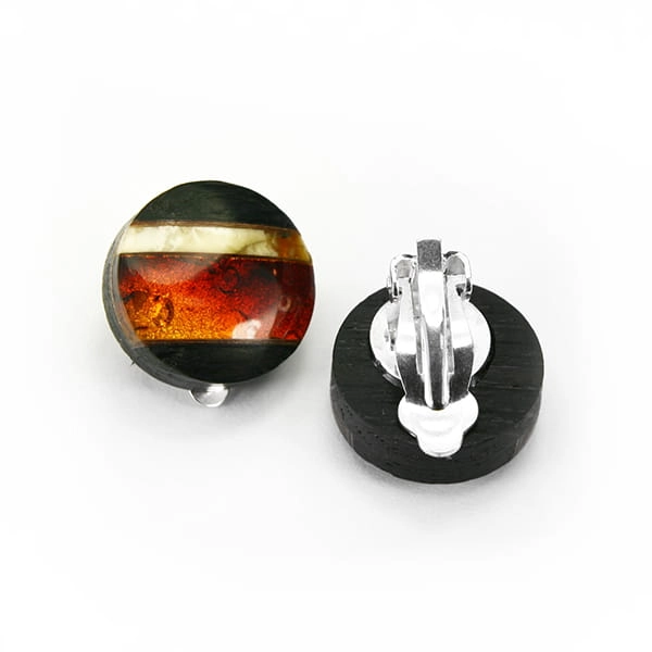 Klipsy okrągłe Galeria Bursztyn Tadeusz Dobkowski czarny dąb srebro złoto płatkowe amber wood silver 4053.jpg