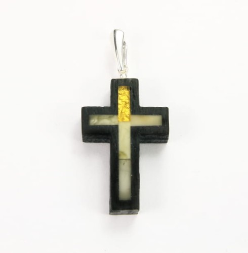 Wisiorek krzyżyk 35mm bursztyn czarny dąb srebro 1485