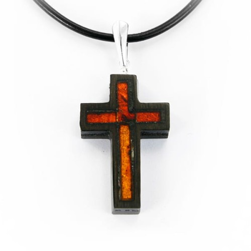 Wisiorek krzyżyk 30mm mały bursztyn czarny dąb srebro 5738