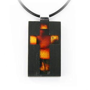 Wisiorek krzyżyk prostokątny bursztyn czarny dąb srebro 5767