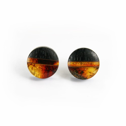Kolczyki okrągłe z bursztynem srebrem i czarnym dębem 6349
