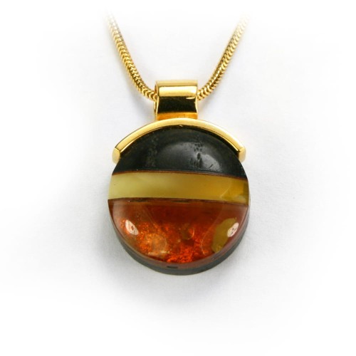 Wisiorek bursztyn bałtycki, srebreo 925  pozłacane, drewno czarny dąb, okrągły  7035