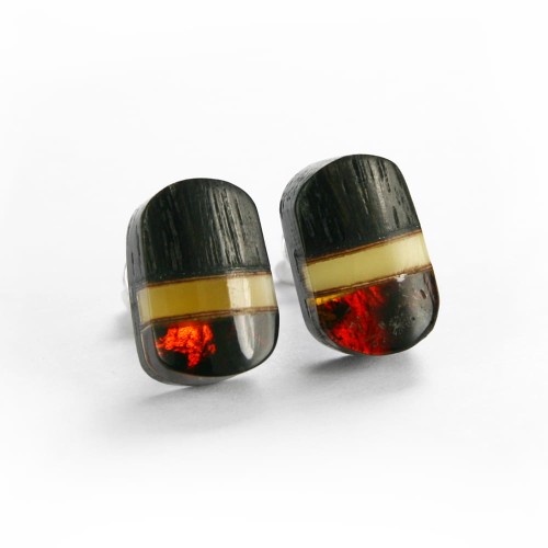 Kolczyki srebro 925, bursztyn bałtycki, czarny dąb, owalne, sztyft  7049