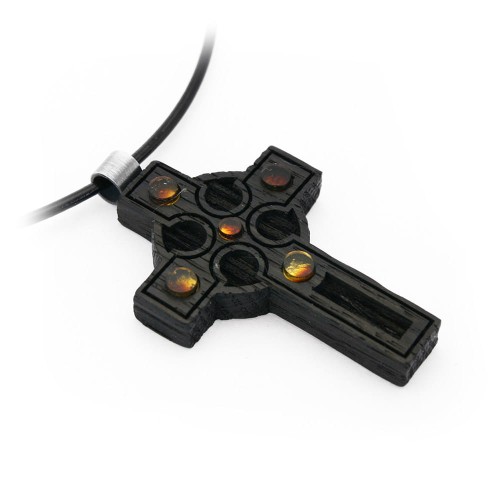 Wisiorek krzyżyk celtycki  50mm, bursztyn bałtycki, czarny dąb, srebro 925 oksydowane  7264