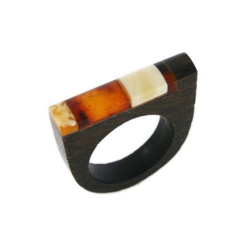 Pierścionek bursztyn bałtycki, drewno czarny dąb,  prostokąt, unisex, różne rozmiary 7471