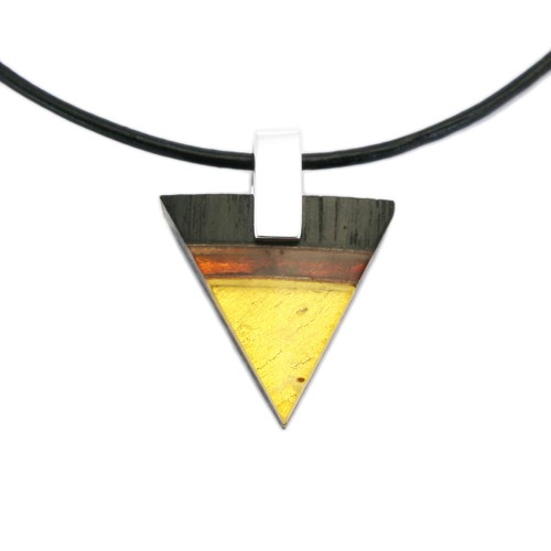 Wisiorek trójkątny z czarnym dębem, bursztynem i srebrem 7672