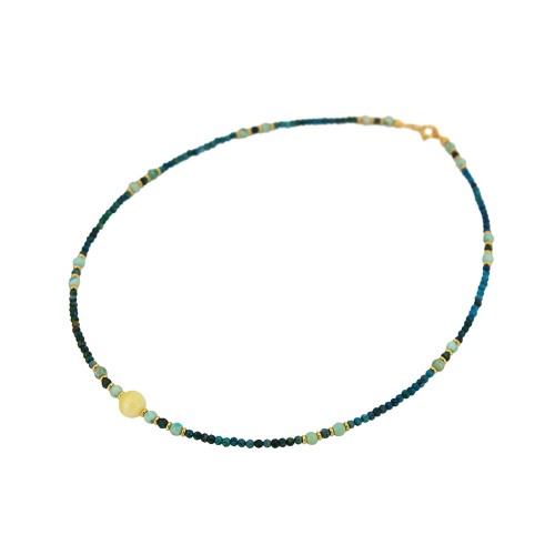 Naszyjnik z turkusami i chryzokolą, kulką bursztynową i srebrem pozłacanym 9128